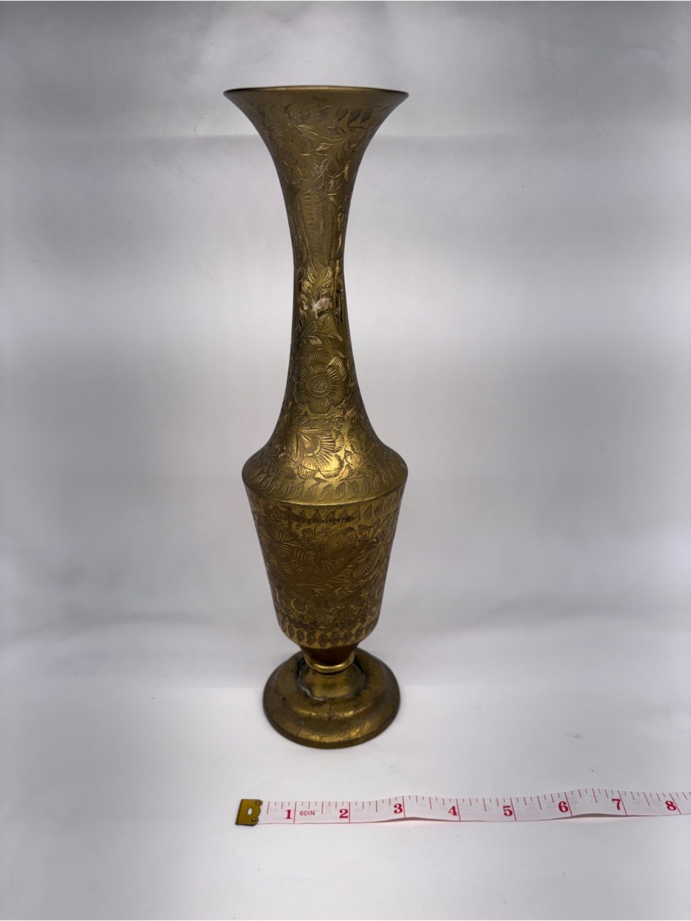 Vintage Etched Brass Floral Vase - 11" Ornate Boho Pedestal Urn